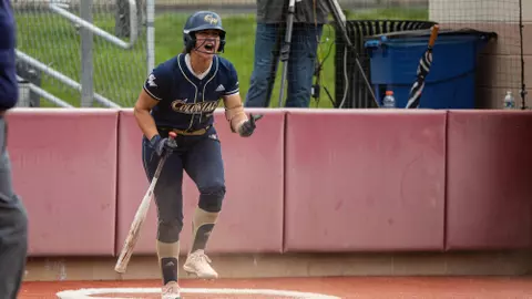 Sierra Lange celebrates at the A-10 Championship.