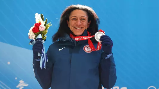 YANQING, CHINA - FEBRUARY 14: Silver medallist Elana Meyers Taylor of Team United States poses during the Women's Monobob Bobsleigh medal ceremony on day 10 of Beijing 2022 Winter Olympic Games at National Sliding Centre on February 14, 2022 in Yanqing, China. (Photo by Julian Finney/Getty Images)