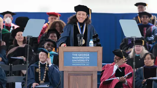Elana Meyers Taylor makes her keynote address at University Commencement 2022.
