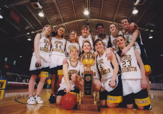 GW women's basketball celebrates its 1995 A-10 Championship.