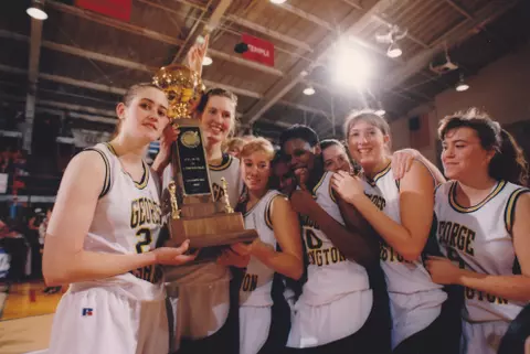 GW women's basketball celebrates its 1995 A-10 Championship title.