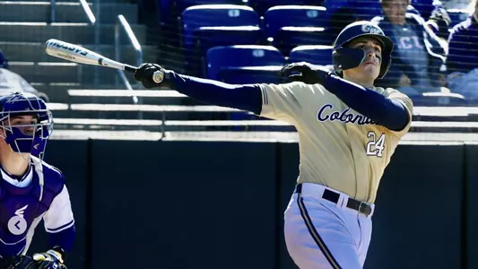 Eddie Micheletti swings a bat in GW's opening series at #11 ECU