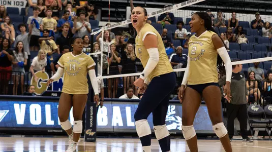MC Daubendiek celebrates a point vs Georgetown