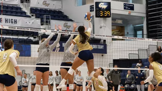 Kelsey Watkins attacks the ball vs. Georgetown