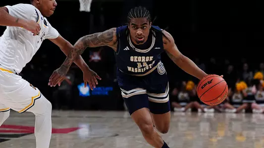 James Bishop drives the ball in the Atlantic 10 Championship