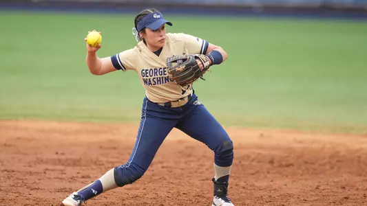 Alena Ramirez fielding at the GW Softball Field