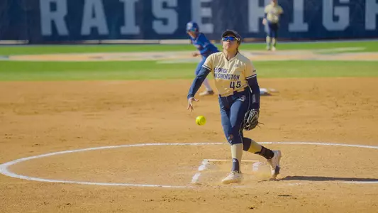 Rose Cano pitching at the GW Softball Field
