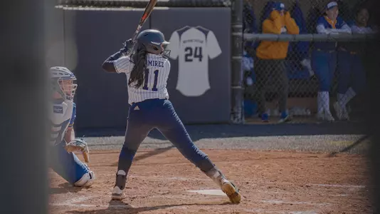 Alena Ramirez batting vs. Hofstra at the GW Softball Field