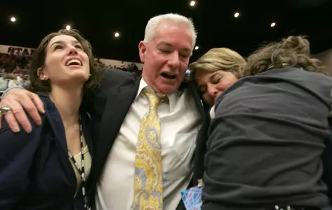 Joe McKeown Celebrates a Win in the NCAA Tournament with GW