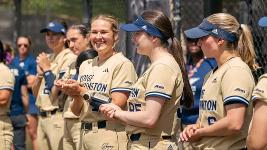 Anna Reed smiling pregame at the GW Softball Field