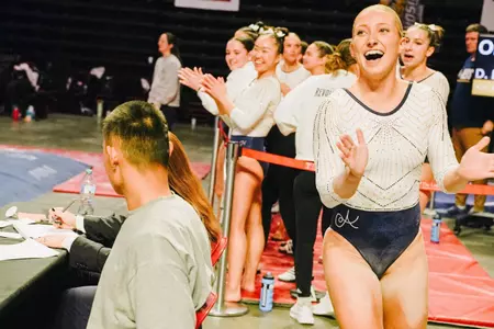 Delaney DeHaan competes her floor routine at the EAGL Championships at Temple