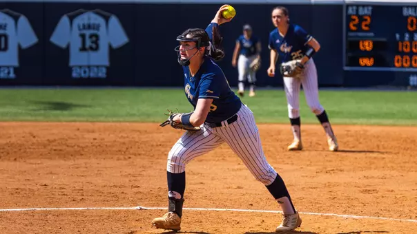 Sophia Torreso pitching at the GW Softball Field
