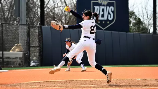 Sophia Torreso throwing a pitch at the GW Softball Field