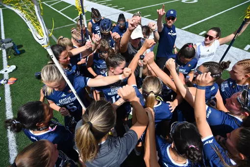 Lacrosse huddle at A-10 Quarterfinals