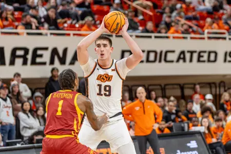 Andrija Vukovic looks to pass while playing for Oklahoma State