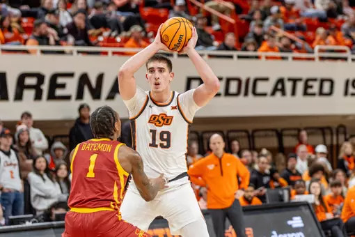 Andrija Vukovic looks to pass while playing for Oklahoma State