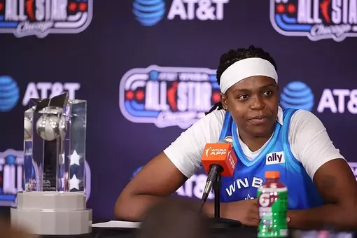 Jonquel Jones Sits in Press Conference With WNBA All-Star Game MVP Trophy