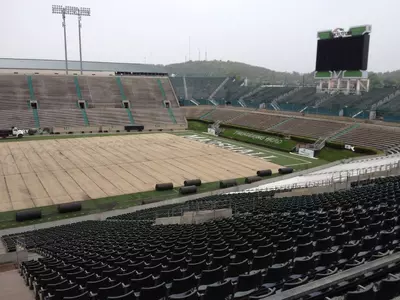 The old turf comes up at Joan C. Edwards Stadium (Courtesy: Steve Cotton)
