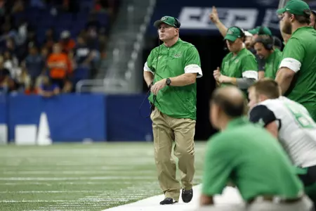 Nov 18, 2017; San Antonio, TX, USA; Marshall Thundering Herd head coach Doc Holliday looks onto the field during the second half against the San Antonio Roadrunners at Alamodome. Mandatory Credit: Soobum Im-USA TODAY Sport