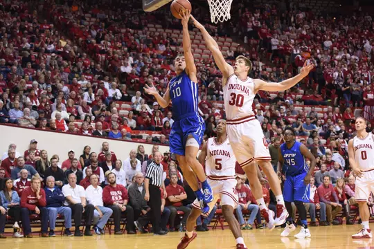 IPFW Men's Basketball faces off against Indiana University at Assembly Hall in Bloomington, Ind. on Wednesday, Dec. 9, 2015. Photo by Lucas Carter.