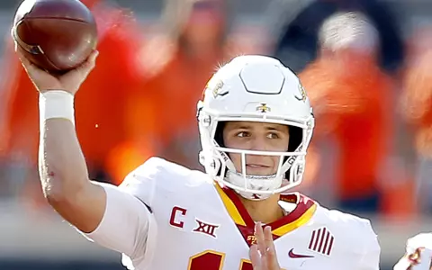 Oct 24, 2020; Stillwater, Oklahoma, USA; Iowa State quarterback Brock Purdy drops back to pass against Oklahoma State in the first half at Boone Pickens Stadium. Mandatory Credit: Sarah Phipps-USA TODAY Sports