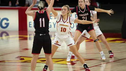 Action from NCAA womens basketball game between the UNO Mavericks and the Iowa State Cyclones at Hilton Coliseum in Ames, Iowa on November 25, 2020. Photo © Wesley Winterink.