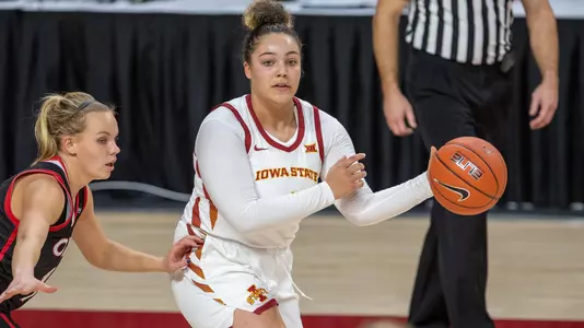 Action from NCAA womens basketball game between the UNO Mavericks and the Iowa State Cyclones at Hilton Coliseum in Ames, Iowa on November 25, 2020. Photo © Wesley Winterink.