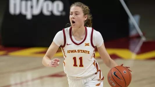 Action from NCAA womens basketball game between the UNO Mavericks and the Iowa State Cyclones at Hilton Coliseum in Ames, Iowa on November 25, 2020. Photo © Wesley Winterink.
