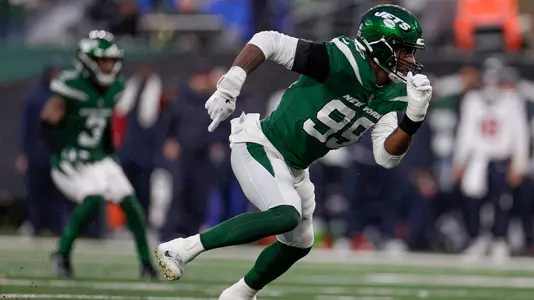 New York Jets defensive end Will McDonald IV (99) during the second half of an NFL football game against the Houston Texans, Sunday, Dec. 10, 2023, in East Rutherford, N.J. (AP Photo/Adam Hunger)
