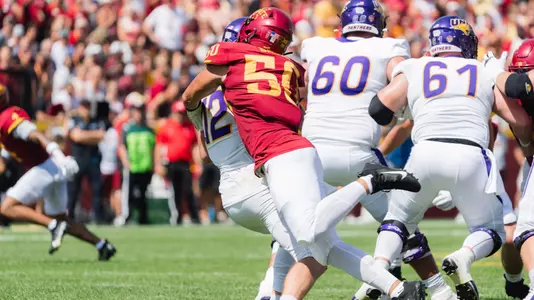 Caleb Bacon gets a sack against UNI.
