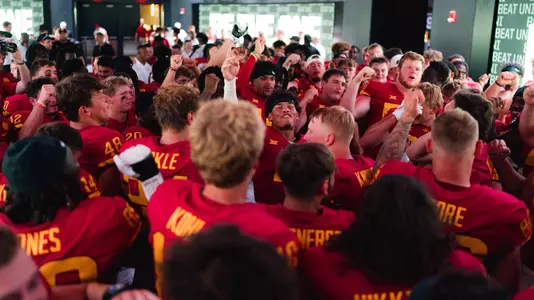 Iowa State celebrates in the locker room following win over UNI.