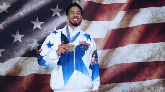 PARIS, FRANCE - AUGUST 10: Tyrese Haliburton of the USA Men's National Team poses for portraits with the Gold Medal at the hotel on August 10, 2024 in Paris, France. NOTE TO USER: User expressly acknowledges and agrees that, by downloading and/or using this photograph, user is consenting to the terms and conditions of the Getty Images License Agreement. Mandatory Copyright Notice: Copyright 2024 NBAE (Photo by Jesse D. Garrabrant/NBAE via Getty Images)