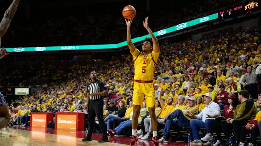 Curtis Jones shoots a 3-pointer against TCU.