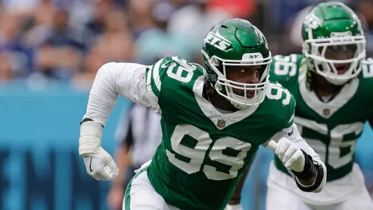 New York Jets defensive end Will McDonald IV (99) defends during the second half of an NFL football game against the Tennessee Titans, Sunday, Sept. 15, 2024, in Nashville, Tenn. (AP Photo/Stew Milne)