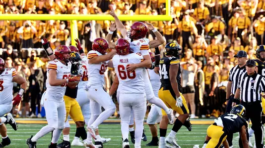 Kyle Konrardy celebrates his 54-yard game winning field goal against Iowa in 2024