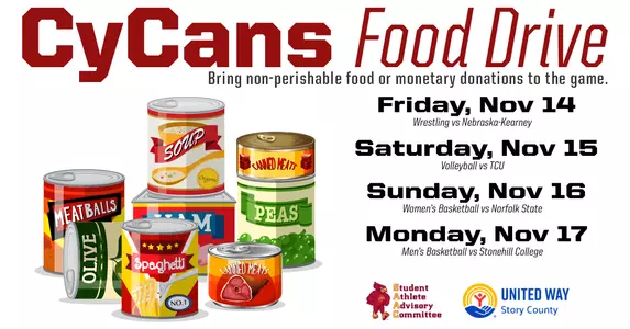 Pictures of cans with information on the 2025 CyCans Food Drive