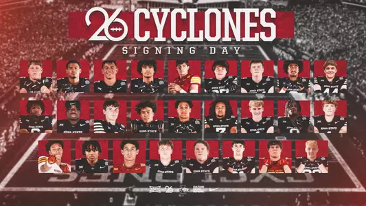 A graphic with headshots of the 2026 Iowa State Football recruiting class.
