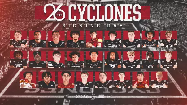 A graphic with headshots of the 2026 Iowa State Football recruiting class.