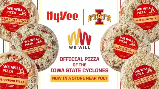 Hy-Vee, Iowa State and We Will Collective Logos and We Will Pizzas