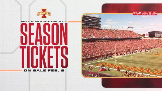 A graphic with a photo of Jack Trice Stadium that says 2026 Iowa State football season tickets are on sale February 2.