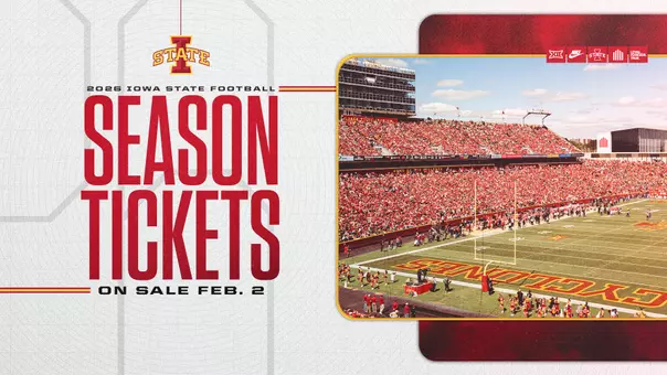 A graphic with a photo of Jack Trice Stadium that says 2026 Iowa State football season tickets are on sale February 2.
