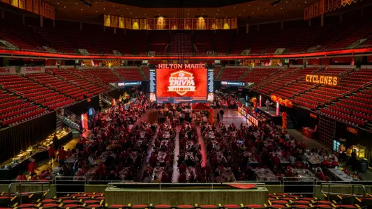 Cyclone fans gather for Cy's House of Trivia inside of Hilton Coliseum