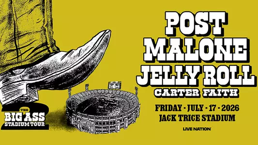 Graphic with a cowboy boot stepping over a football stadium announcing concert featuring Post Malone, Jelly Roll and Carter Faith at Jack Trice Stadium July 17