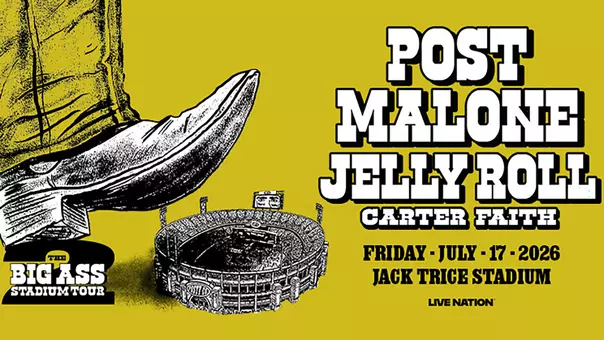 Graphic with a cowboy boot stepping over a football stadium announcing concert featuring Post Malone, Jelly Roll and Carter Faith at Jack Trice Stadium July 17