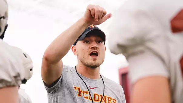 Iowa State safeties coach Pete Menage talks to his position group during spring practice in 2026.