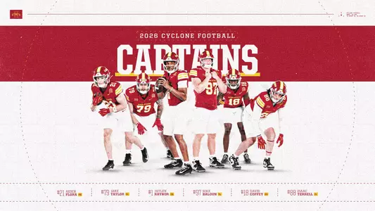 Iowa State 2026 football captains: From left to right: Aiden Flora, Jake Taylor, Jaylen Raynor, Max Baloun, David Coffey, Isaac Terrell