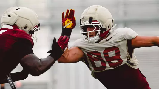 Isaac Terrell rushes the passer in fall camp in 2026.
