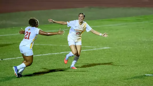 Aubrey Crawford & Izabella Tejeda celebrate vs. UNI