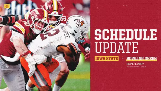 Photo of Iowa State player tackling a Bowling Green player with announcement of schedule change for 2027 game.