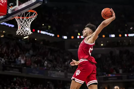 INDIANAPOLIS, IN - MARCH 12, 2022 - forward Trayce Jackson-Davis #23 of the Indiana Hoosiers during the game between the Iowa Hawkeyes and the Indiana Hoosiers at Gainsbridge Fieldhouse in Indianapolis, IN. Photo By \AWM#2\